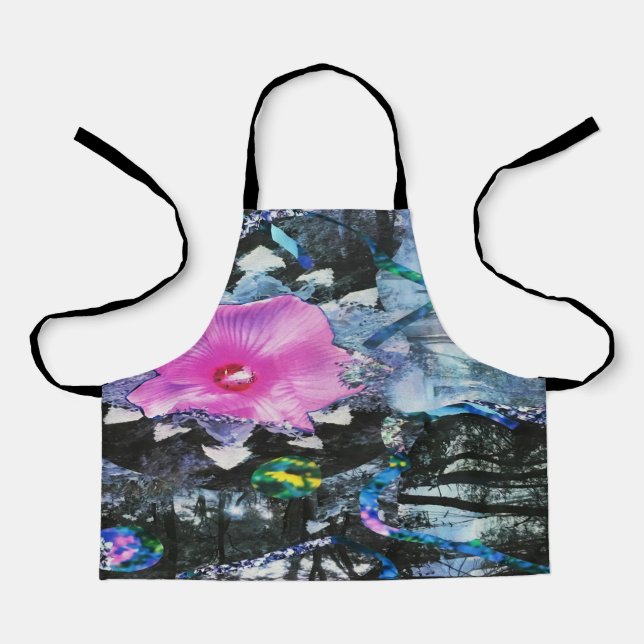 Pink Hibiscus Black and White Landscape Collage Apron (Front)