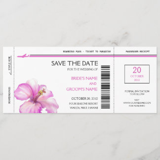 Pink Hibiscus Boarding Pass Save the Date Cards