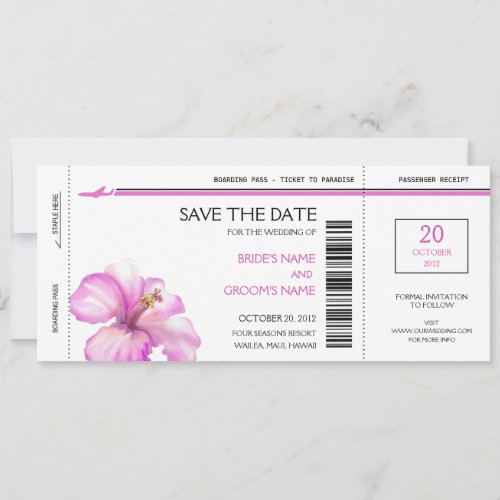 Pink Hibiscus Boarding Pass Save the Date Cards