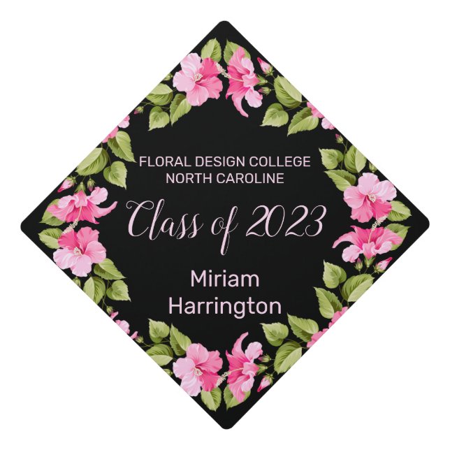 Pink hibiscus | Custom name and Class Year Graduation Cap Topper (Front)