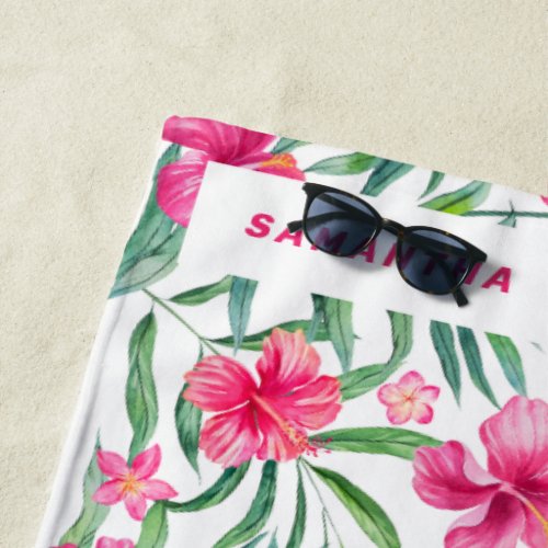 Pink Hibiscus exotic tropical flowers pattern Beach Towel