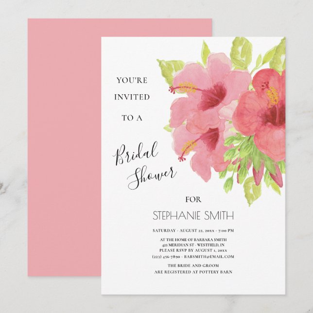 Pink Hibiscus Floral Bridal Shower Invitation (Front/Back)