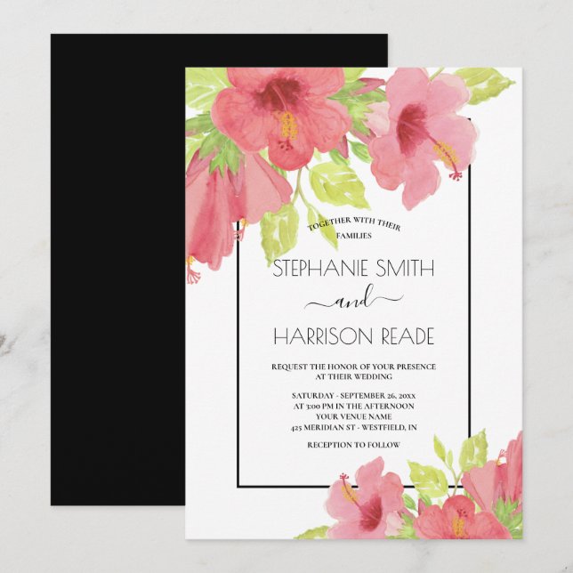 Pink Hibiscus Floral Framed Wedding Invitation (Front/Back)