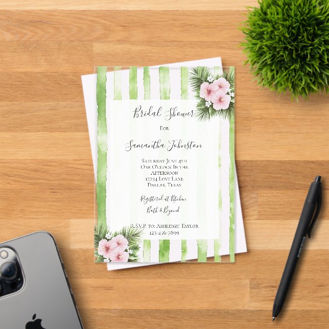 Pink Hibiscus Floral Green Stripes Bridal Shower Acrylic Invitations (Insitu (Invitation Card))