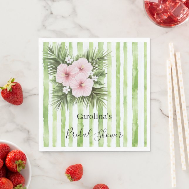 Pink Hibiscus Floral Green Stripes Bridal Shower Napkins (Insitu)