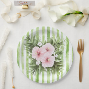 Pink Hibiscus Floral Green Stripes Bridal Shower Paper Plates
