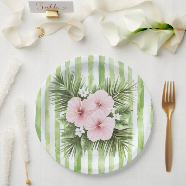 Pink Hibiscus Floral Green Stripes Bridal Shower Paper Plates (Wedding)