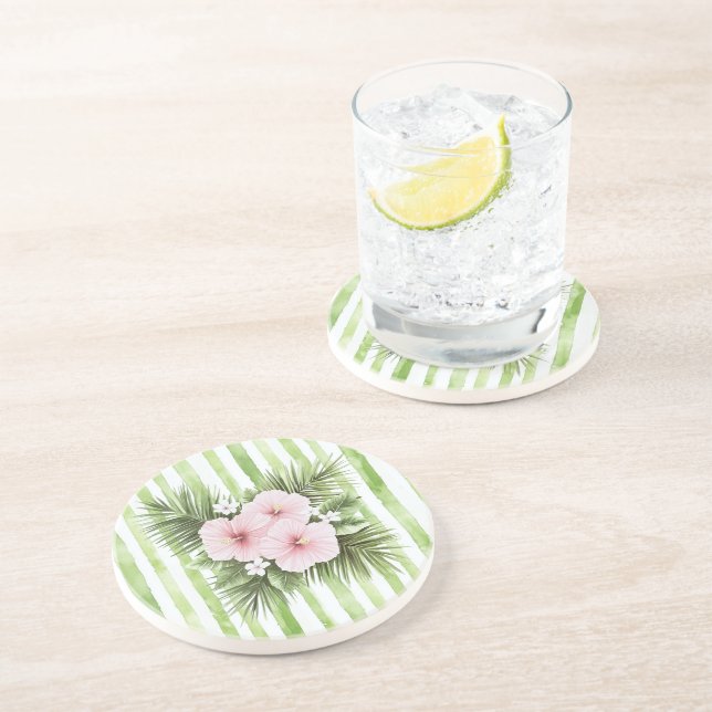 Pink Hibiscus Floral Green Stripes   Coaster (Side)