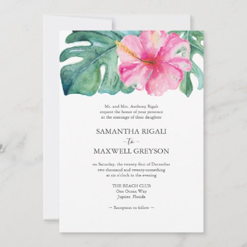 Pink Hibiscus Flow Monstera Leaf Formal Wedding Invitation