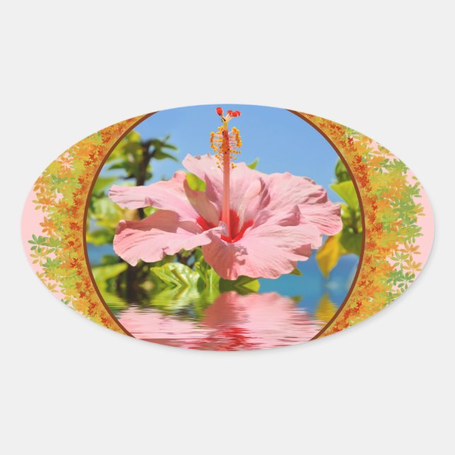Pink hibiscus flower above the water in frame of l oval sticker (Front)
