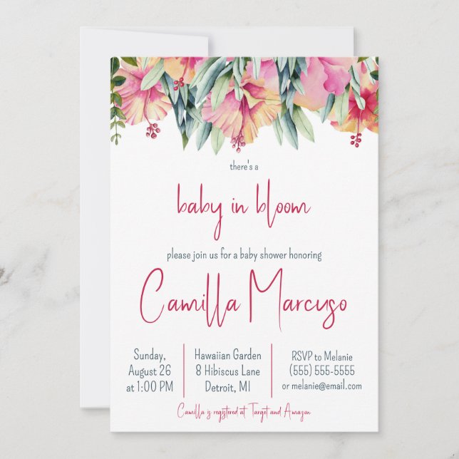Pink Hibiscus Flower Baby in Bloom Baby Shower Invitation (Front)