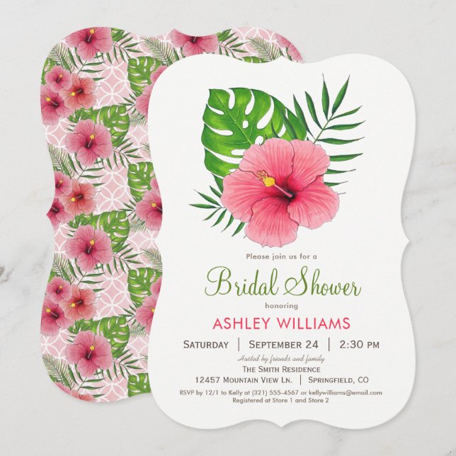 Pink Hibiscus Flower Bridal Shower Invitation (Front/Back)