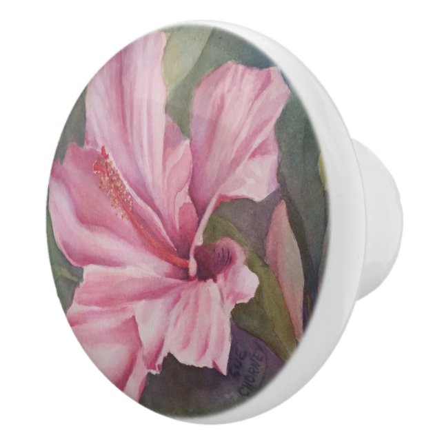 PINK HIBISCUS FLOWER DECORATIVE CERAMIC KNOB (Right)