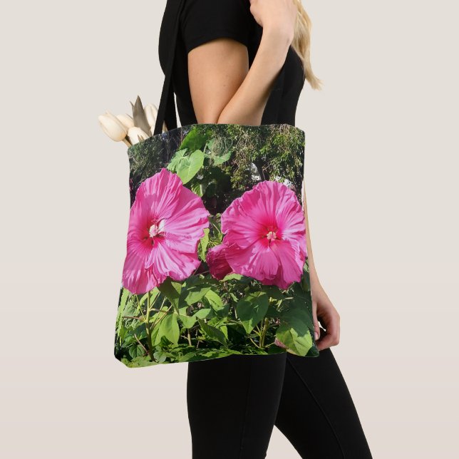 Pink Hibiscus Flower Drawstring Backpack Tote Bag (Close Up)
