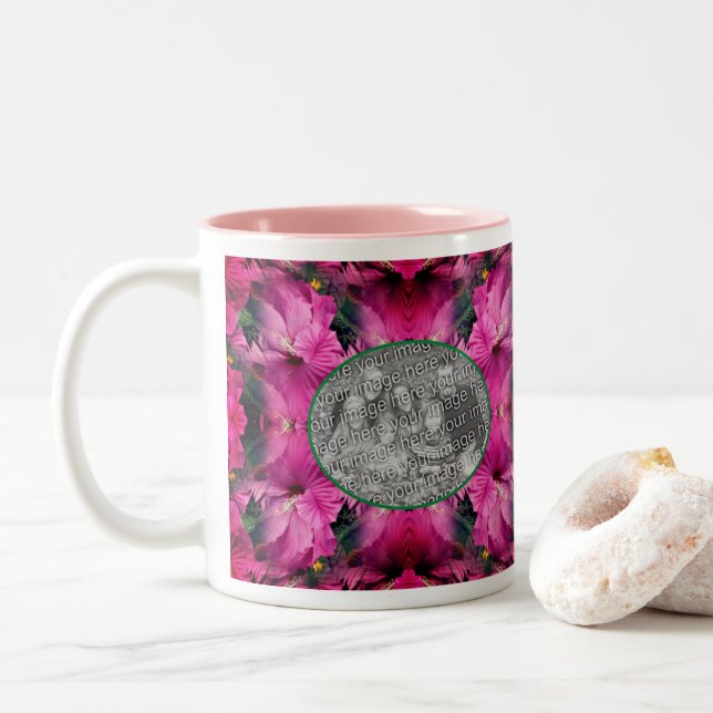 Pink Hibiscus Flower Frame Create Your Own Photo Two-Tone Coffee Mug (With Donut)