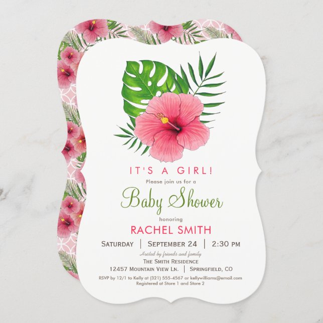 Pink Hibiscus Flower Girl Baby Shower Invitation (Front/Back)