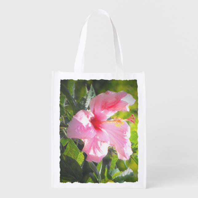 Pink Hibiscus Flower Grocery Bag (Front)