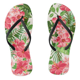 Pink Hibiscus Flower Leaves light Background FlipF Flip Flops