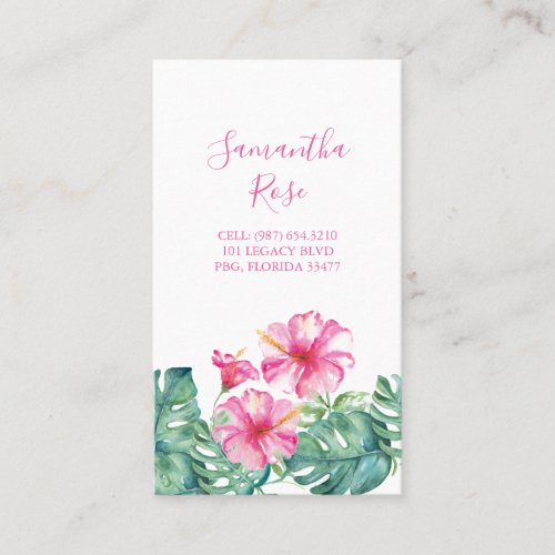 Pink Hibiscus Flower  Monstera Palm Leaves Business Card