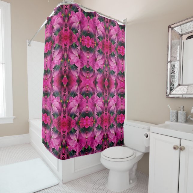 Pink Hibiscus Flower Multiplied Abstract Pattern Shower Curtain (In Situ)