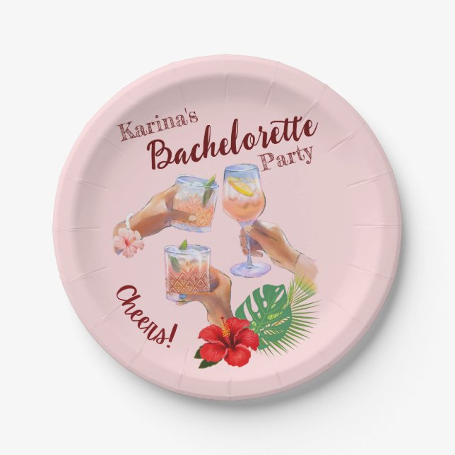 Pink Hibiscus Flower Palm Leaves Beach Party Paper Plates (Front)