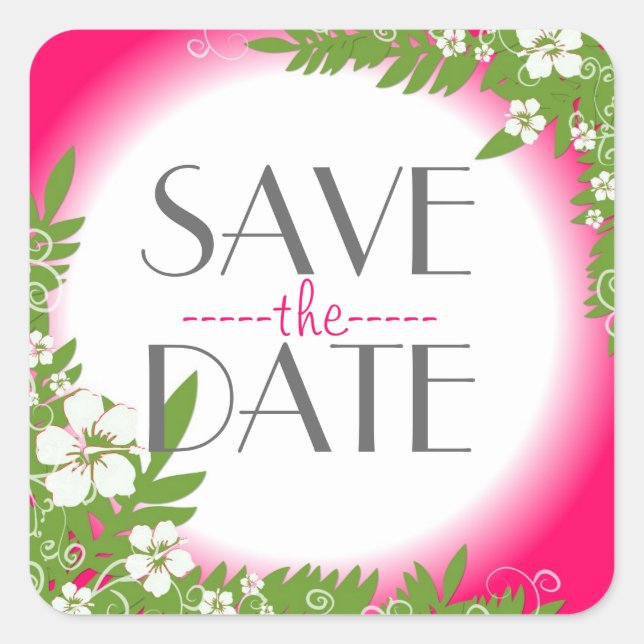 Pink hibiscus flower save the date stickers (Front)