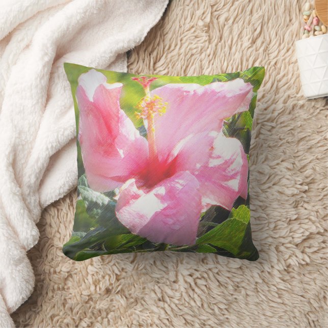 Pink Hibiscus Flower Throw Pillow (Blanket)
