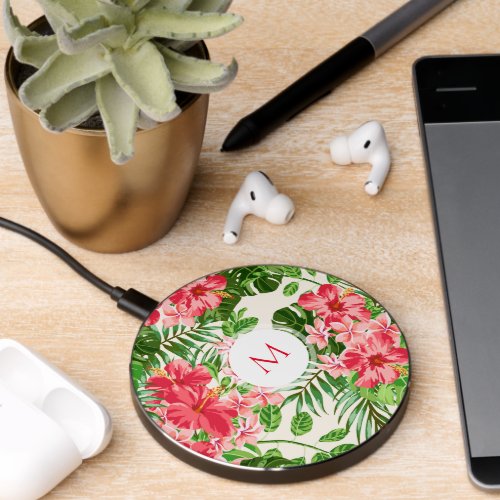 Pink Hibiscus Flower Tropical Palm Monogram WC Wireless Charger