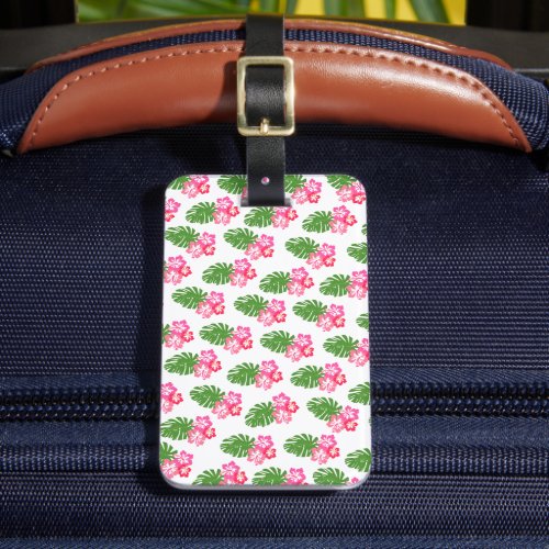 Pink Hibiscus Flower With Monstera Custom Name Bag Luggage Tag