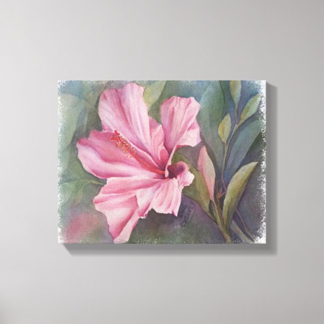 PINK HIBISCUS FLOWER WRAPPED CANVAS PAINTING PRINT (Front)