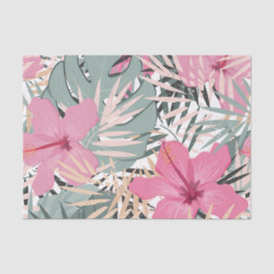 Pink Hibiscus Flowers and Large Tropical Leaves Tissue Paper
