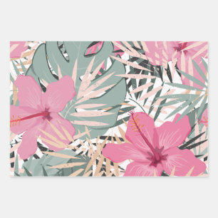 Pink Hibiscus Flowers and Large Tropical Leaves  Wrapping Paper Sheets