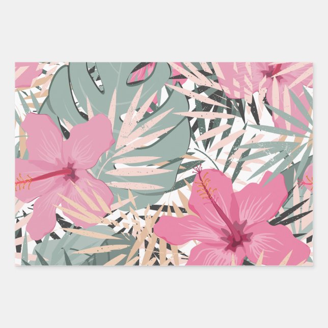 Pink Hibiscus Flowers and Large Tropical Leaves  Wrapping Paper Sheets (Front)