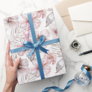 Pink Hibiscus Flowers Birthday Wrapping Paper