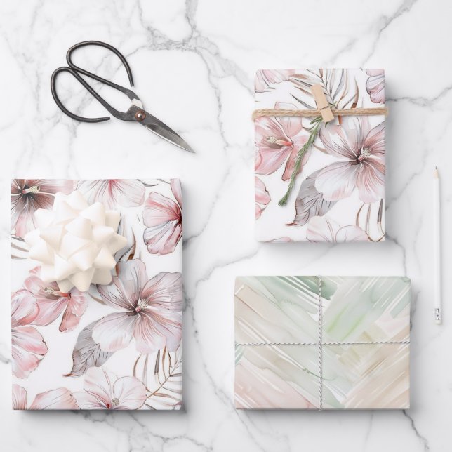 Pink Hibiscus Flowers Birthday Wrapping Paper Sheets (Front)