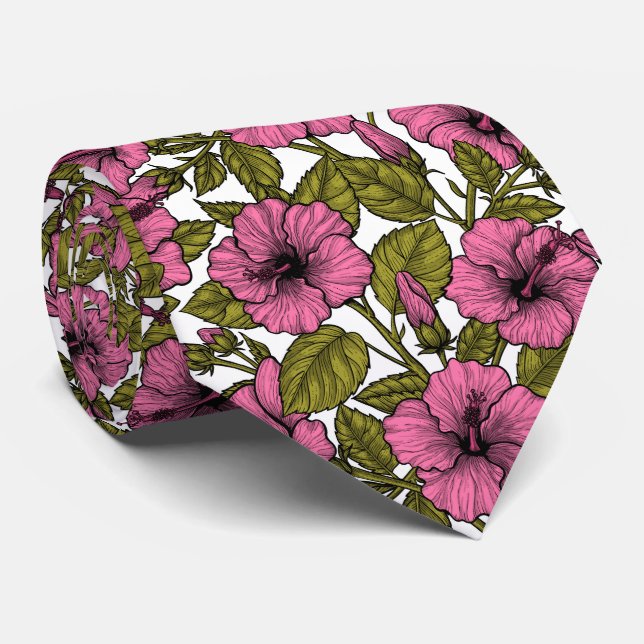 Pink hibiscus flowers neck tie (Rolled)