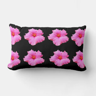 Pink Hibiscus Flowers On Black, Lumbar Cushion. Pillow