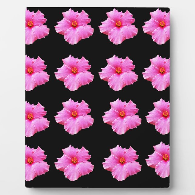 Pink Hibiscus Flowers On Black,_ Plaque (Front)