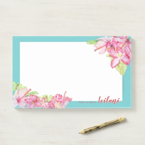 Pink Hibiscus Flowers on Teal Border 10 x 6 Post_it Notes