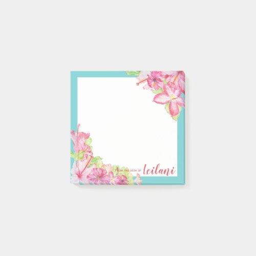 Pink Hibiscus Flowers on Teal Border 3 x 3 Notes