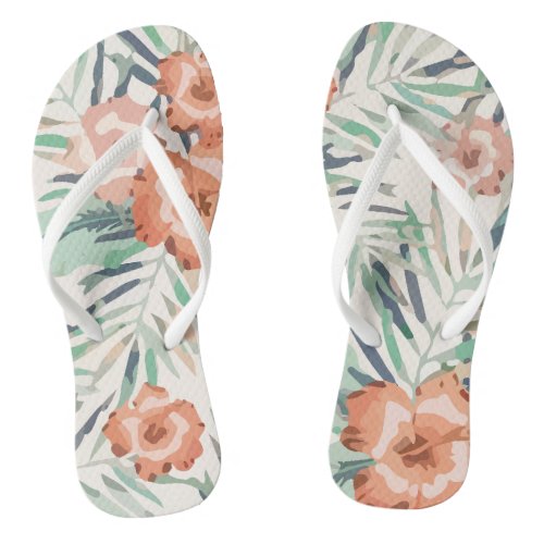 Pink Hibiscus Flowers Palm Leaves Flip Flops