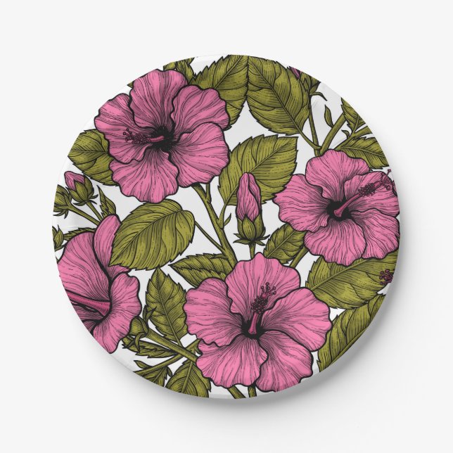 Pink hibiscus flowers paper plates (Front)