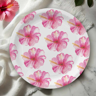 Pink Hibiscus Flowers Pattern Paper Plates