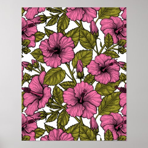 Pink hibiscus flowers poster