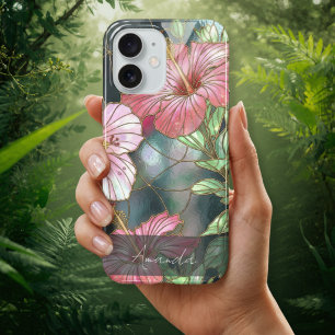 Pink Hibiscus Flowers Stained Glass iPhone 17 Case