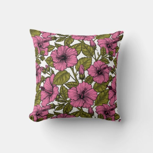 Pink hibiscus flowers throw pillow