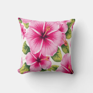 Pink Hibiscus Flowers – Tropical Elegant White Throw Pillow