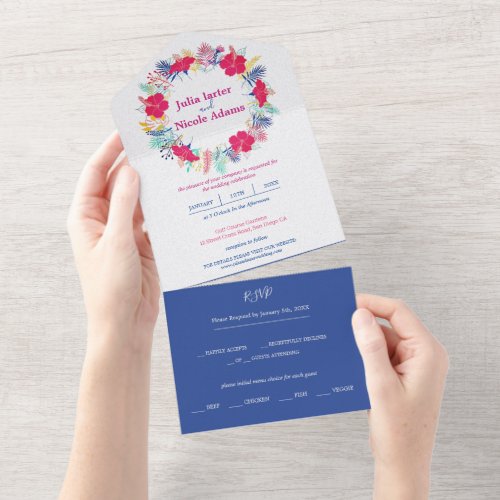 Pink Hibiscus Flowers Tropical Forest Wedding All In One Invitation