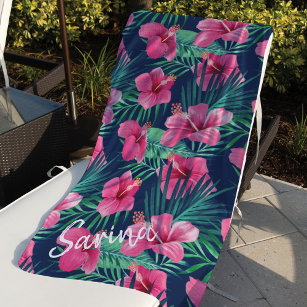 Pink Hibiscus Flowers & Tropical Palm Leaf Oasis Beach Towel