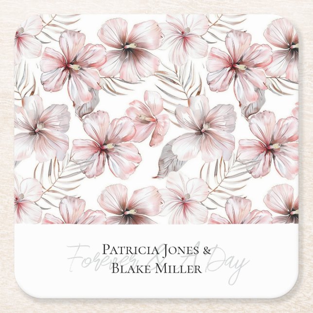 Pink Hibiscus Flowers Wedding Square Paper Coaster (Front)